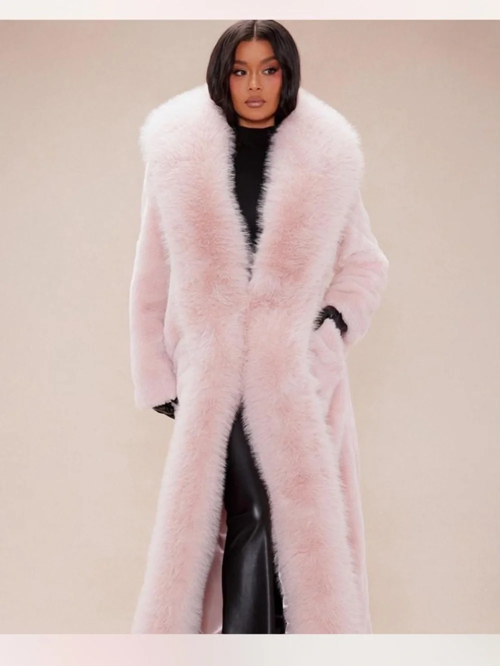 Luxury Faux Fur Long Coat - Blush Pink - Picture 2 of 2